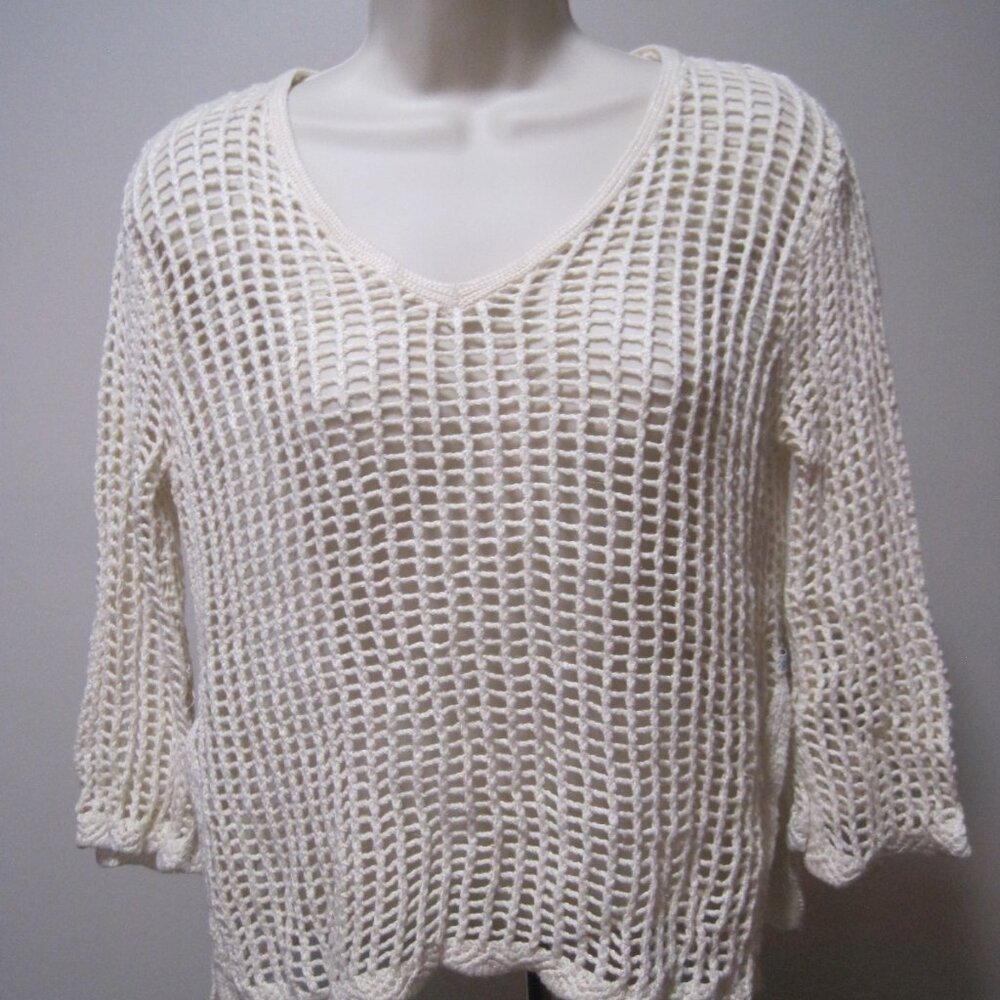 Calvin Klein Sweater Women's Large Crochet Open Knit White Pullover Long Sleeve